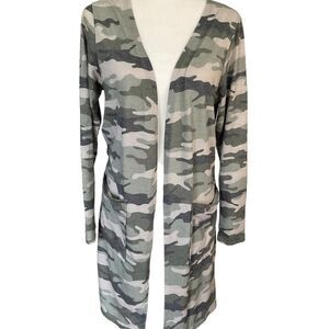 Mara Lizabeth Green Camo Open Front Long Sleeve Duster Cardigan Size L